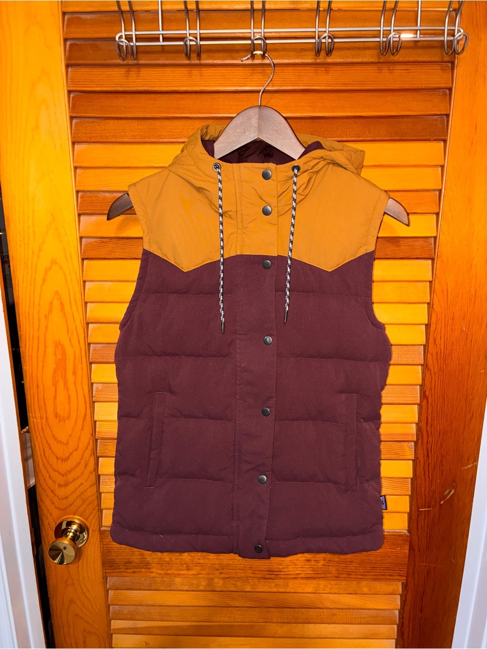 Patagonia Women’s Bivy Hooded Down Vest Maroon/Gold - size xs